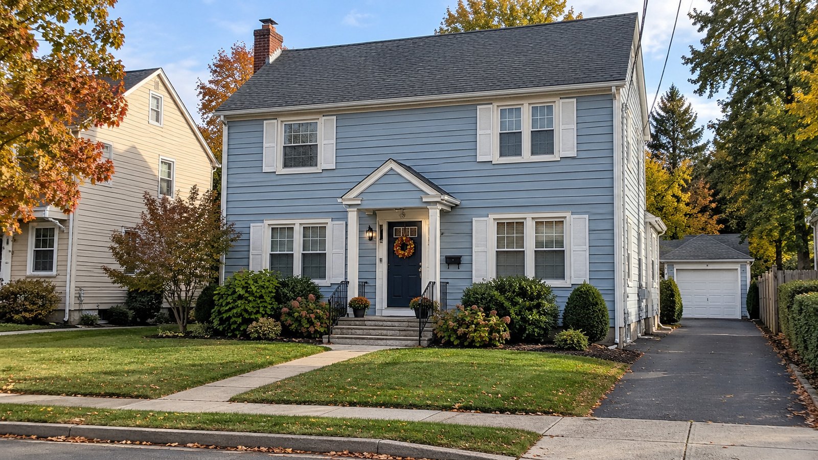 A complete pale-blue detached two-storey home with a front entrance, short steps, walk, public sidewalk and separate side driveway to a garage.