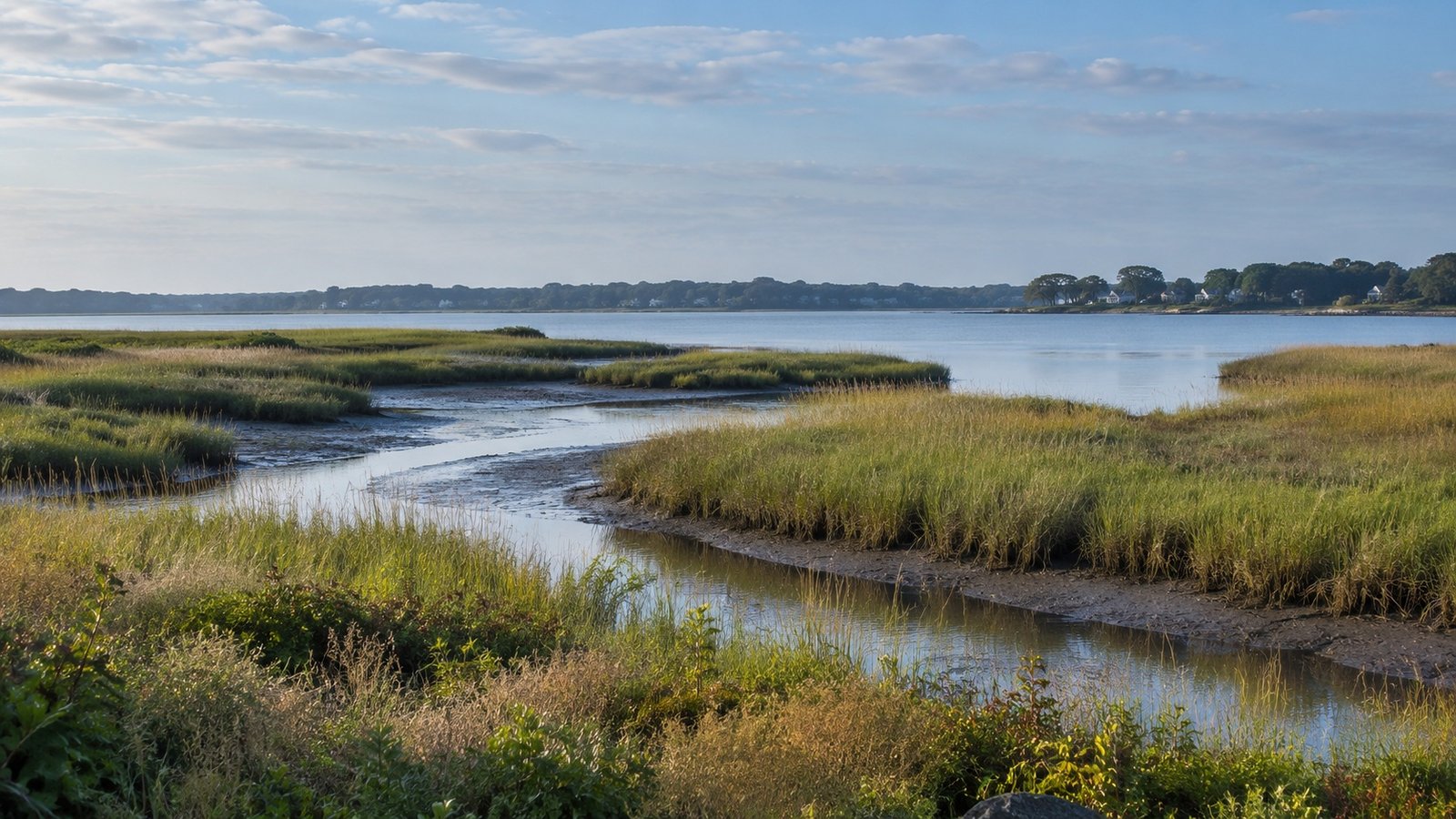 Along the shoreline Tidal creek winding through marsh grasses toward calm water and a low distant treeline