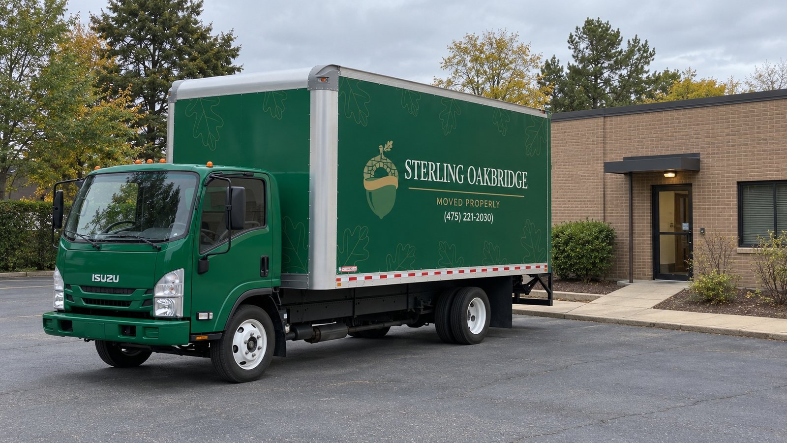 Working space beside the building Green Sterling Oakbridge Isuzu box truck parked on pavement beside a small office building