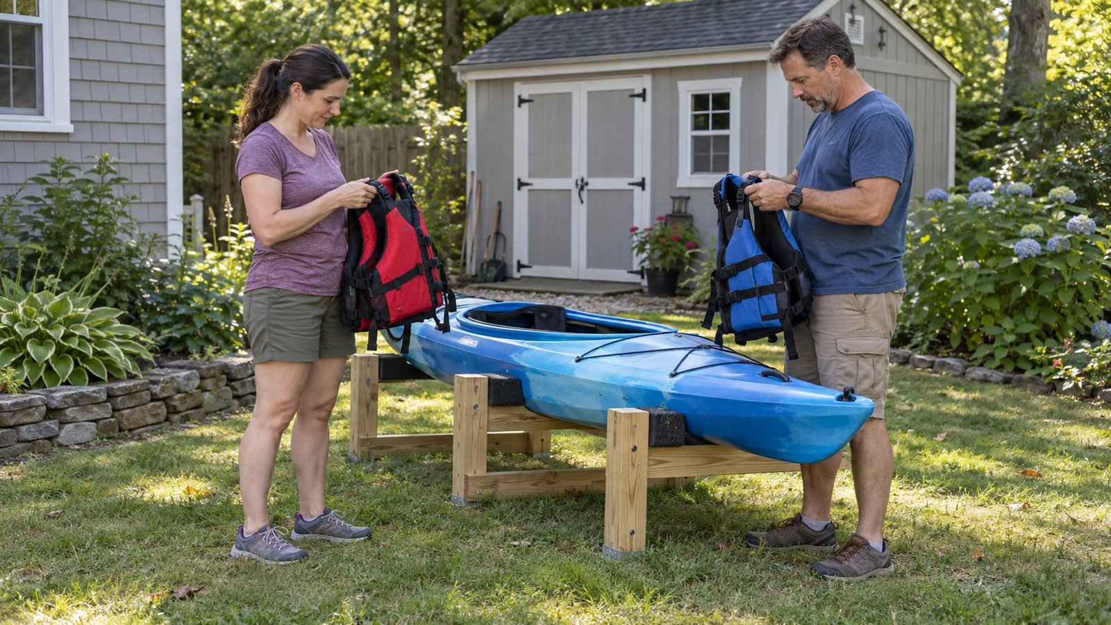 Preparing for an outing Two adults checking life jackets beside a blue kayak resting on a wooden rack in a backyard