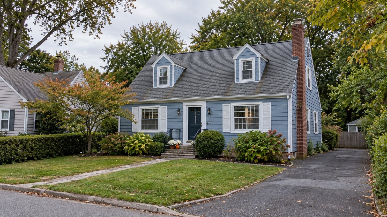 A home and its approach Blue Cape house with two dormers, front steps, a garden path and a paved driveway beside it