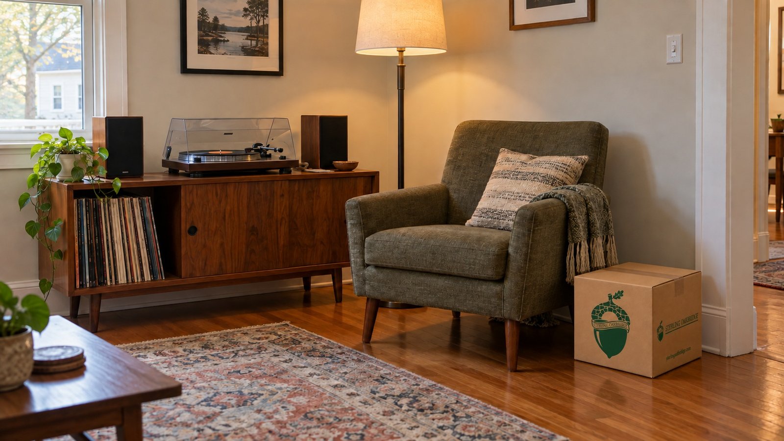 A place for music Record player and speakers on a wooden cabinet beside an armchair and a small Sterling Oakbridge carton