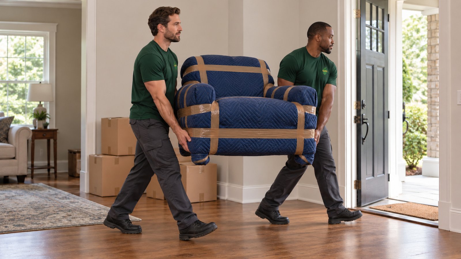 Two male movers carrying a protected armchair toward an open front door