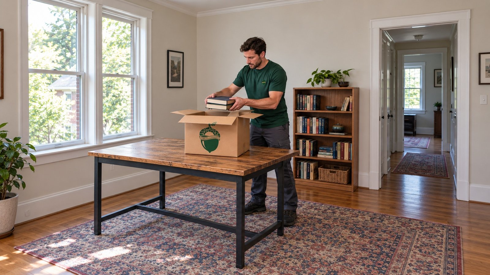 Packing a collection of books Mover in a green Sterling Oakbridge shirt holding two books above an open kraft carton on a worktable