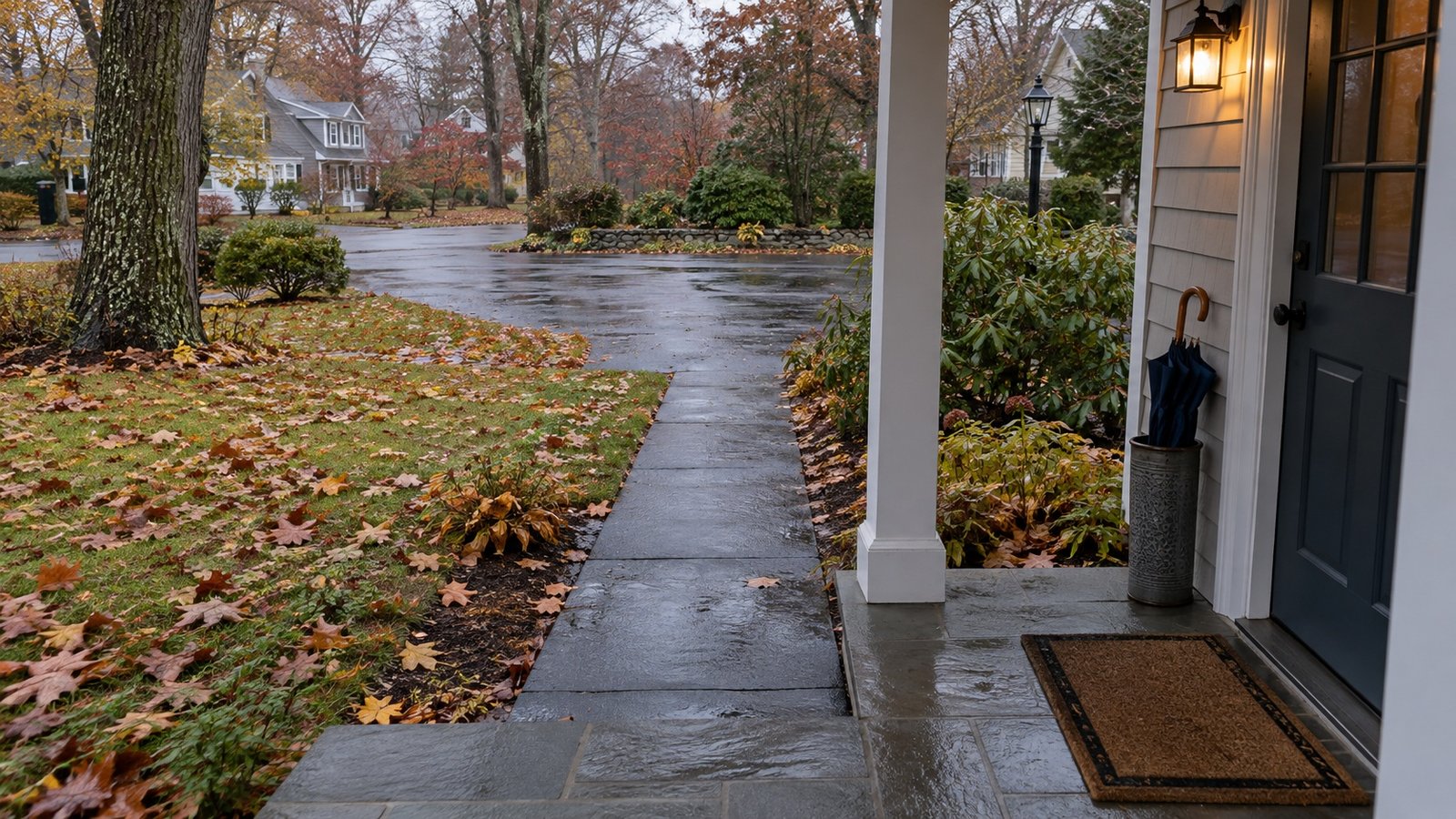 The approach after rain Wet paved path from a driveway to a sheltered side door, with autumn leaves on the lawn and an umbrella by the entrance