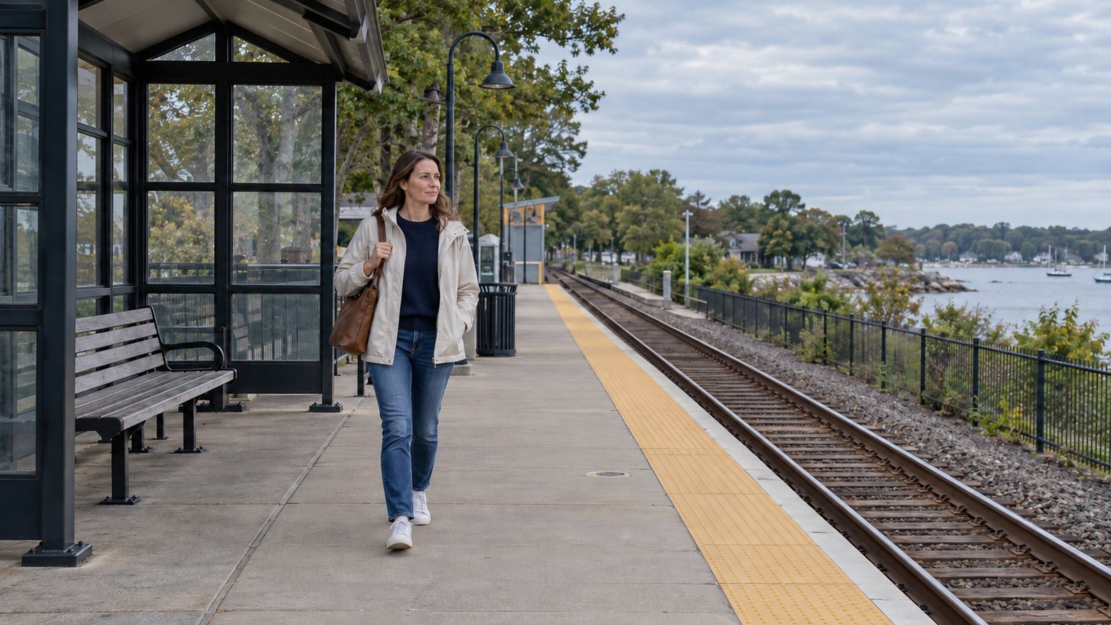 The trip to the platform Woman with a shoulder bag walking on a rail platform beside a shelter and tracks