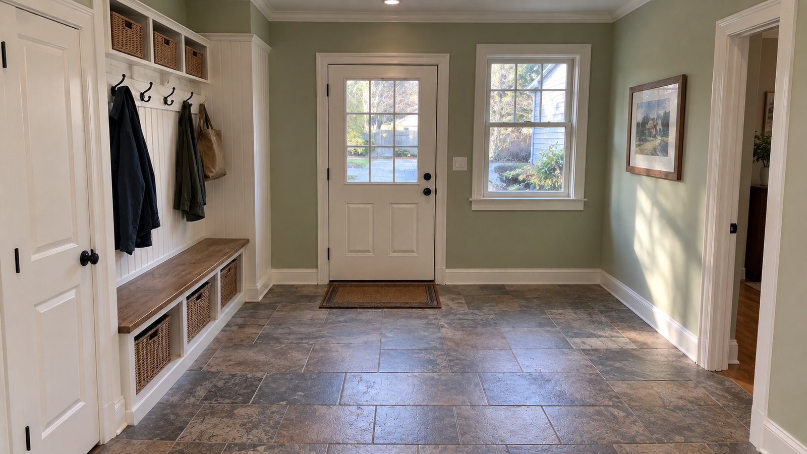 The rear receiving route An empty green mudroom with a complete closed half-glazed rear door, adjacent window, bench and level floor.