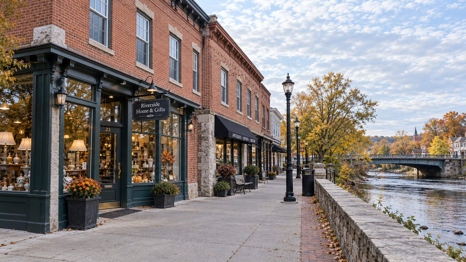 A clear paved sidewalk beside brick and stone shopfronts and a stone river parapet.