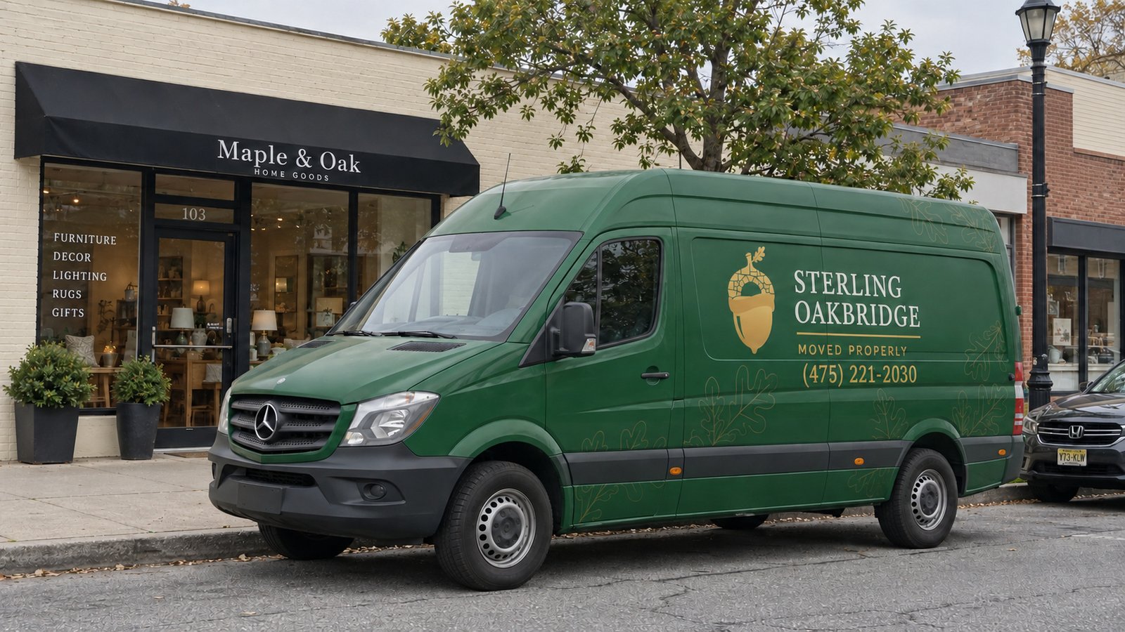 Space for the assigned vehicle A complete green Sterling Oakbridge Sprinter van parked parallel to a curb beside a cream shopfront.