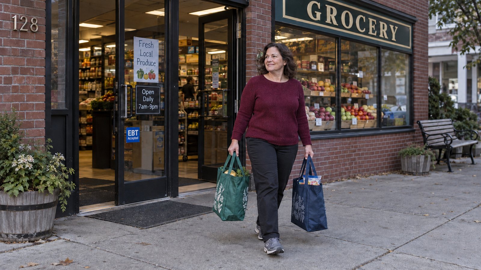 A woman in a burgundy sweater carrying two reusable shopping bags beside a grocery entrance.