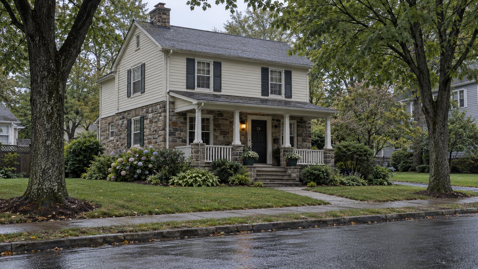 The house and its approach A two-story stone and cream-clapboard house with a complete covered front porch, paved path and residential street.