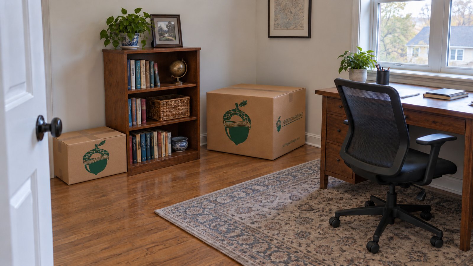 A home office with a wooden desk, chair, bookcase and two separate closed branded kraft cartons of different sizes.