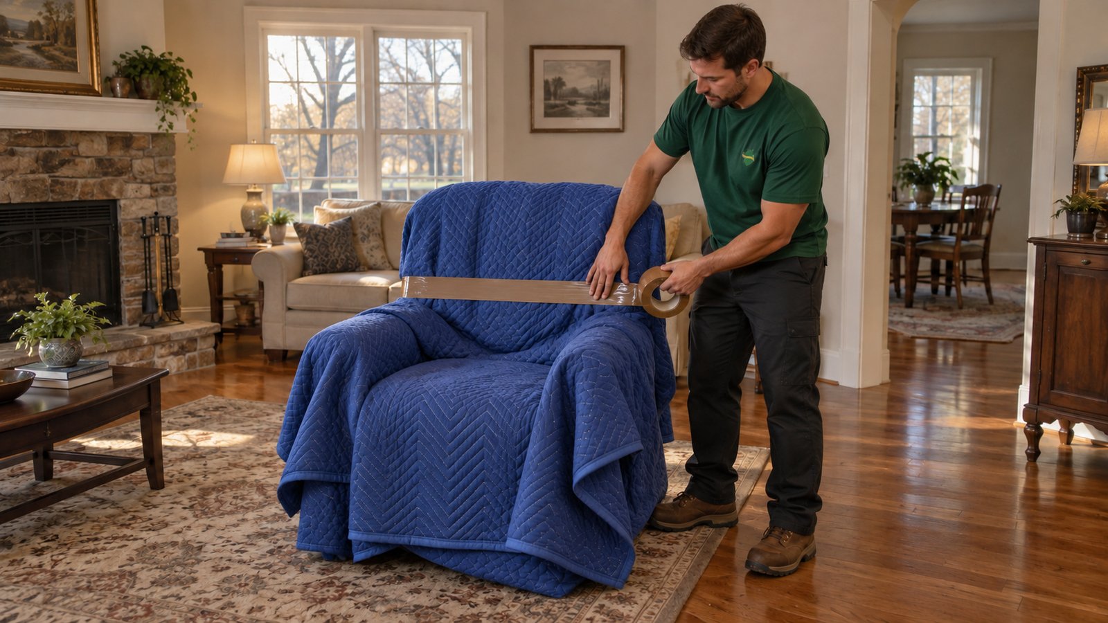A whole male mover secures loose rectangular quilted blue blankets around a completely protected armchair with brown packing tape.