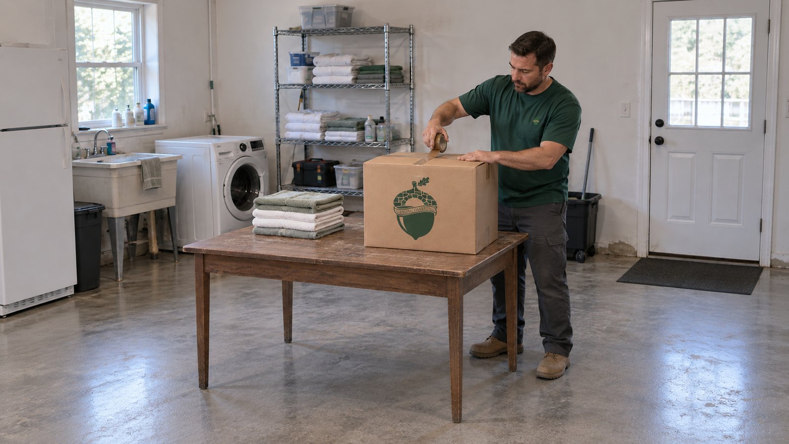 Finish one linen packing task A male packer in a green company shirt sealing one closed kraft linen carton with brown tape on a wooden table.