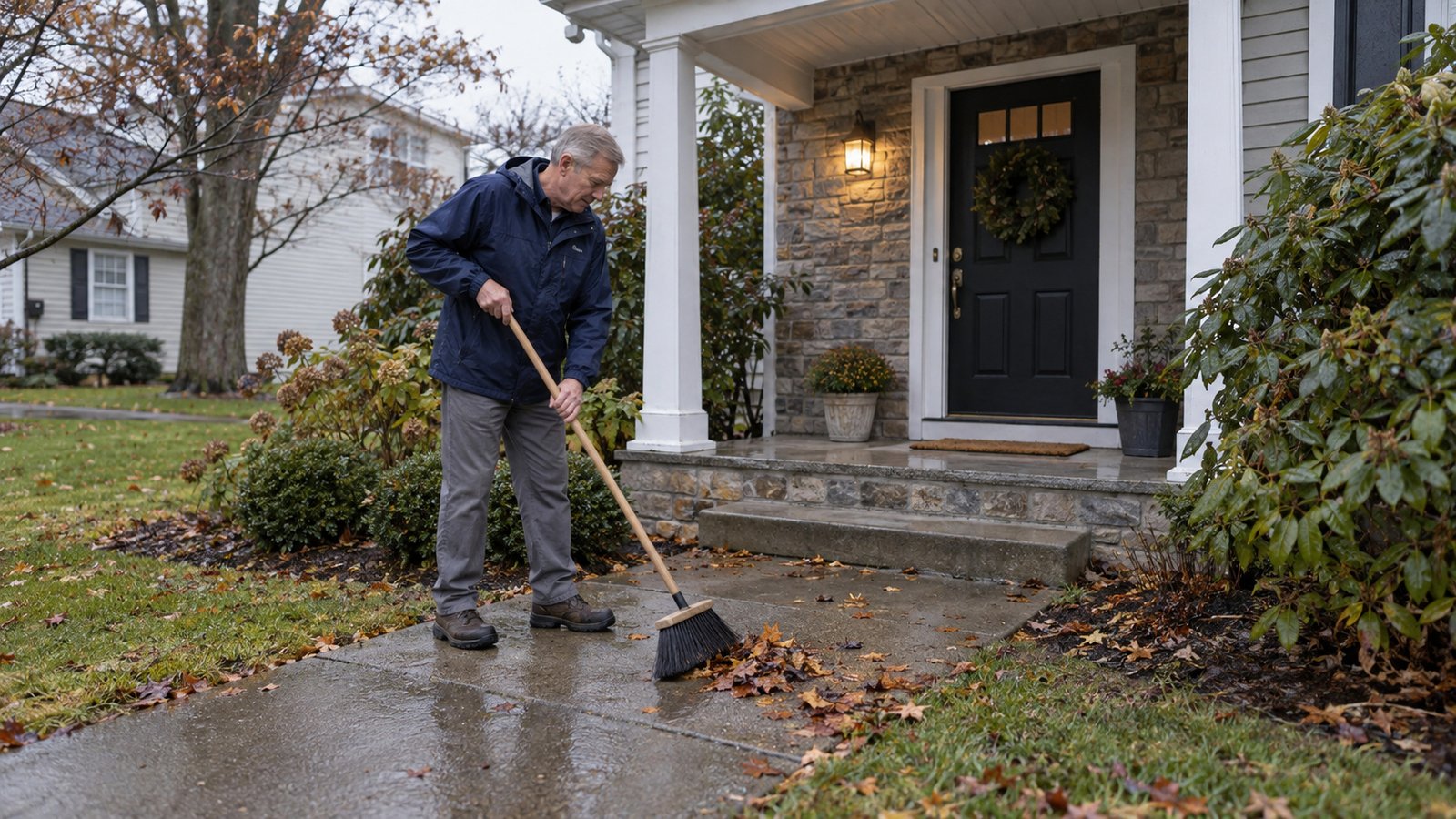 An older man using a long-handled broom to clear damp leaves from paving beside a covered front entrance and steps.