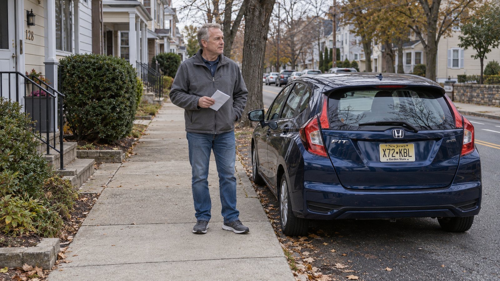 A casually dressed man holding folded paper on a sidewalk beside a complete parked dark blue compact hatchback.