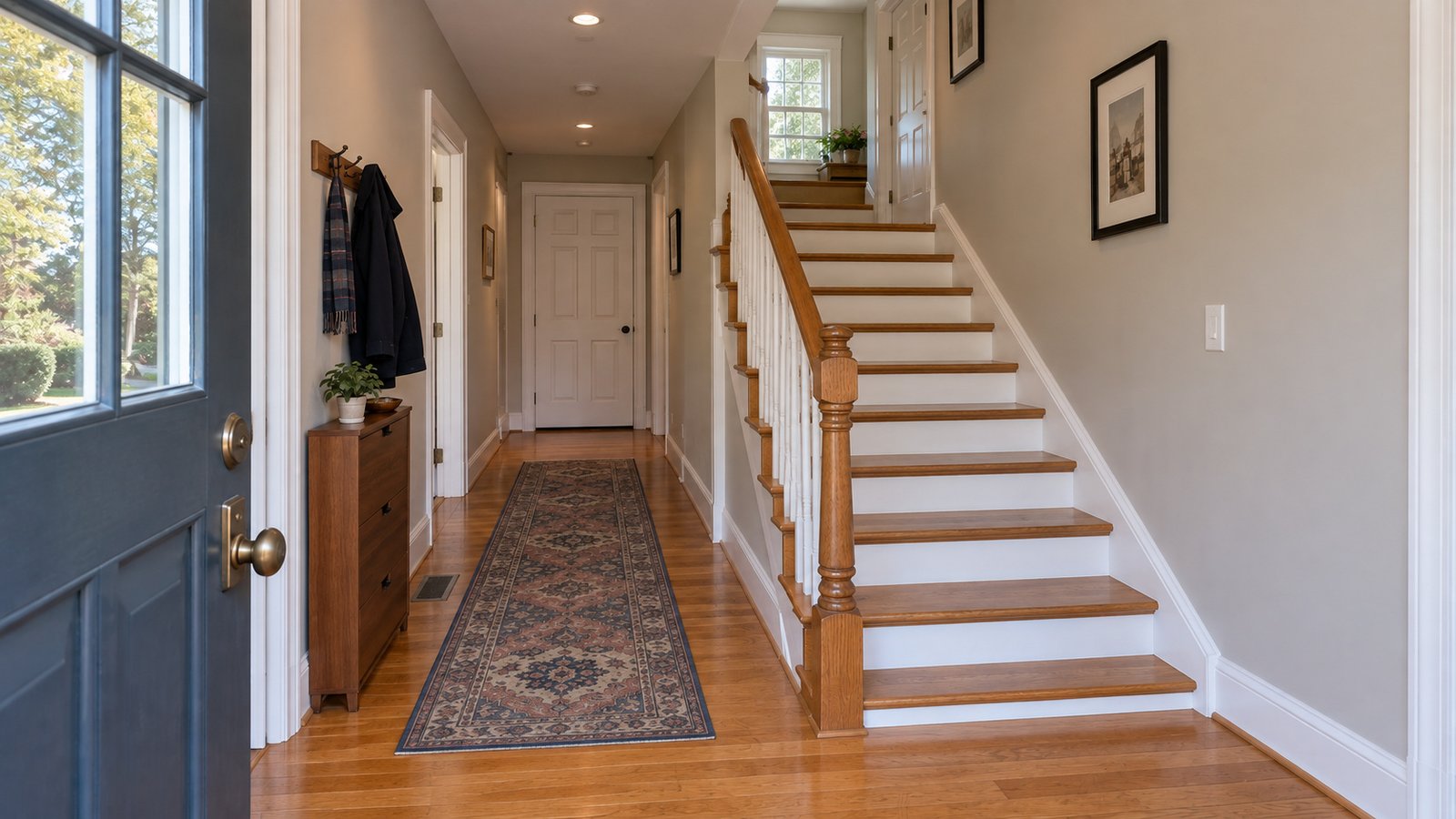 Follow the indoor route A clear wooden entry hall beside a complete stair flight with white balusters and a wooden handrail.