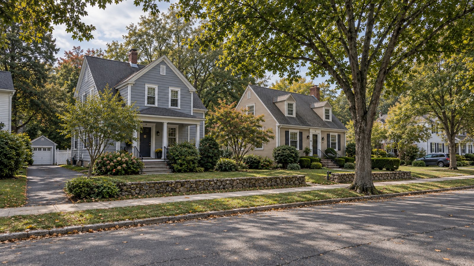 Two complete New England homes behind a stone boundary wall and continuous residential sidewalk.