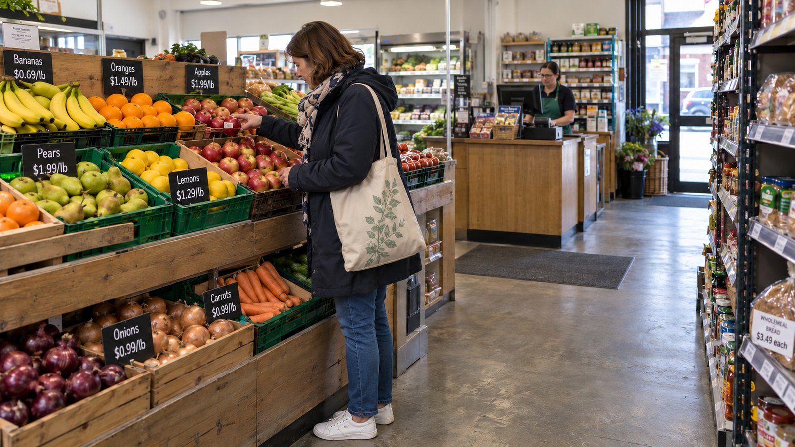A woman selecting an apple at a grocery display with a checkout counter farther along the clear aisle.