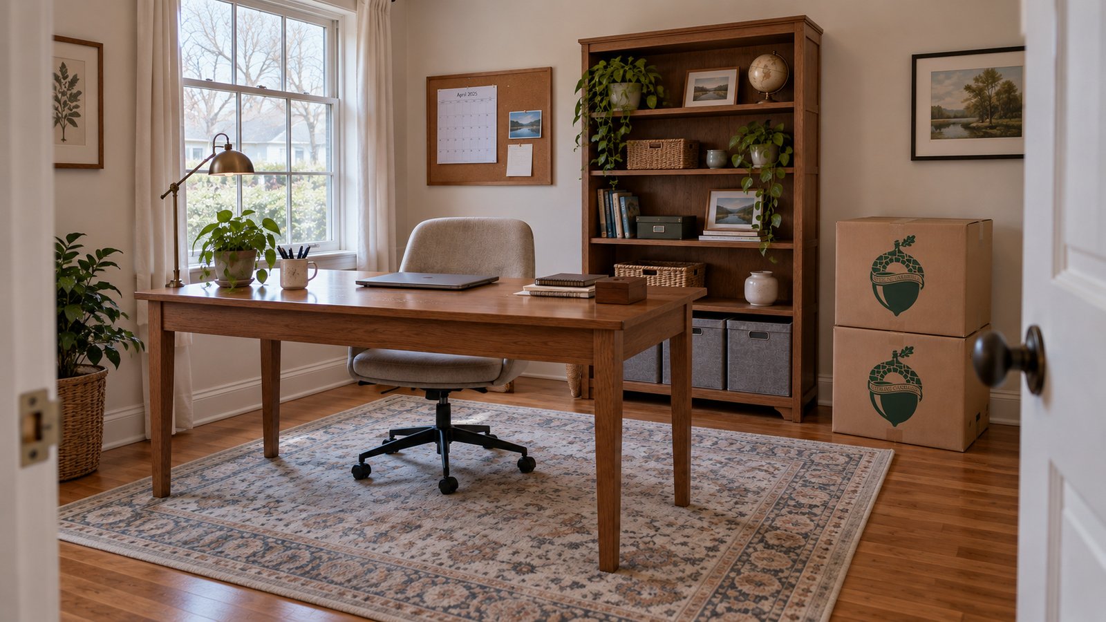 A complete oak desk and swivel chair in a home office beside two closed kraft cartons and a bookcase.