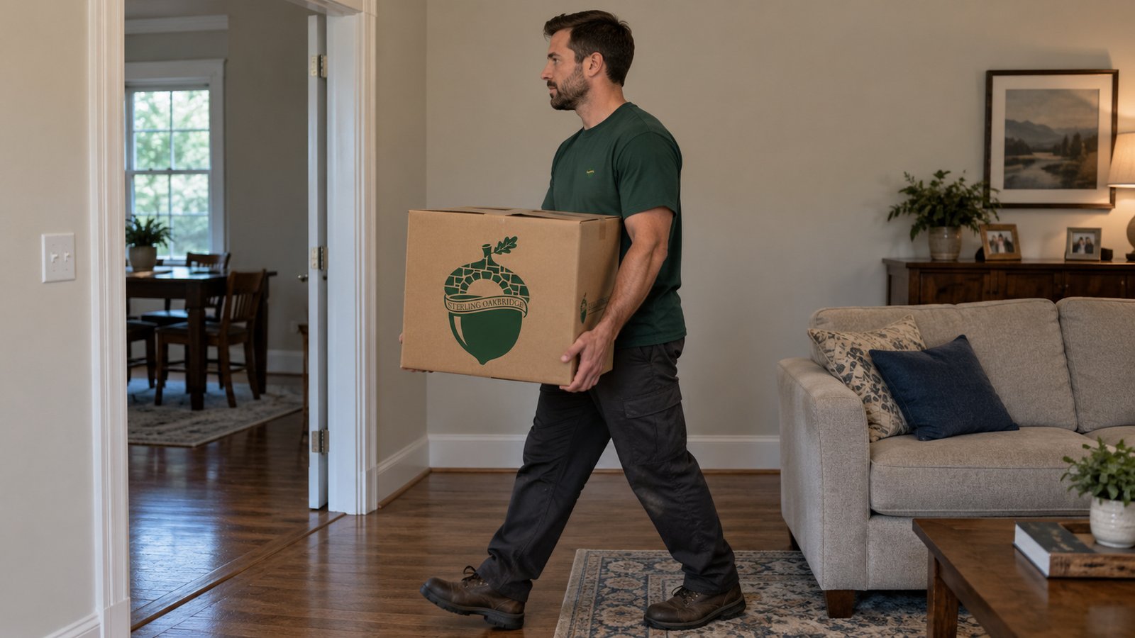 Keep the delivery route clear A male mover carrying a closed kraft carton across a living room toward an open doorway.