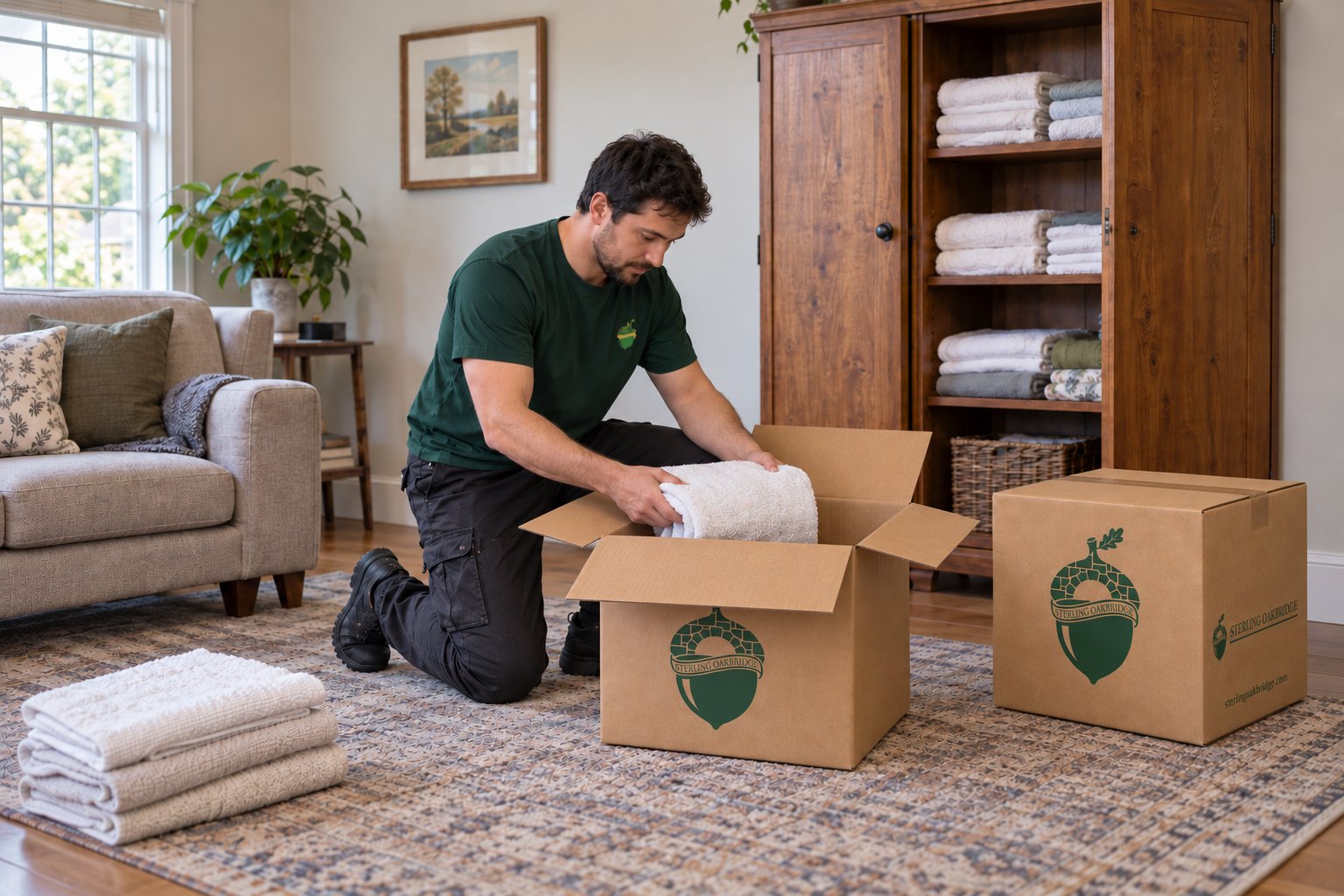 Pack one task at a time A kneeling male mover in a green shirt placing a folded towel into an open kraft carton beside a closed matching carton.