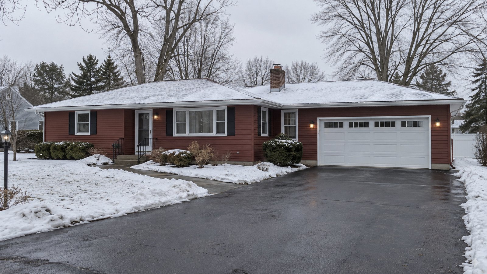 A complete red-brown ranch home and garage with a cleared driveway and walk after light snow.