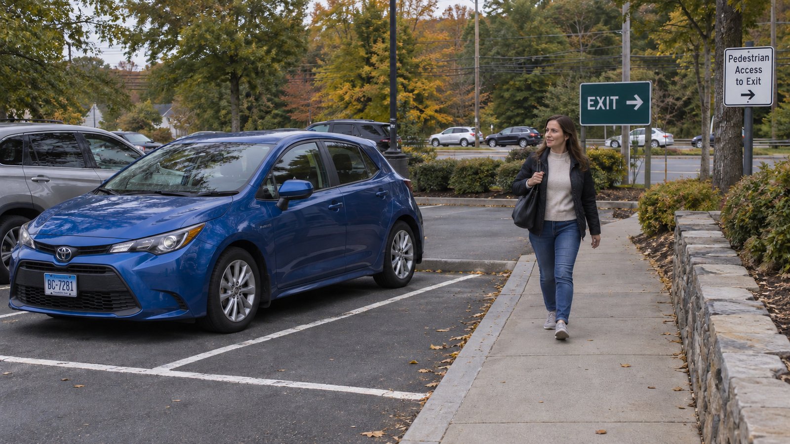 A woman walking on a defined sidewalk beside a blue hatchback in a marked parking space.