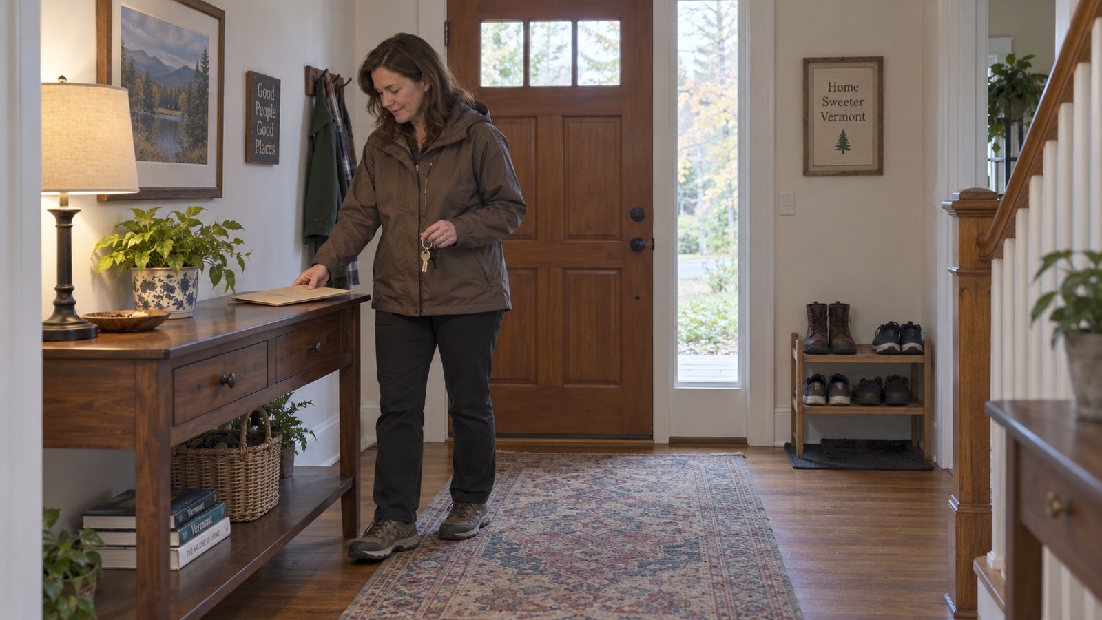 Keep confirmations accessible An ordinary resident placing a plain folder on a hallway console while holding keys.