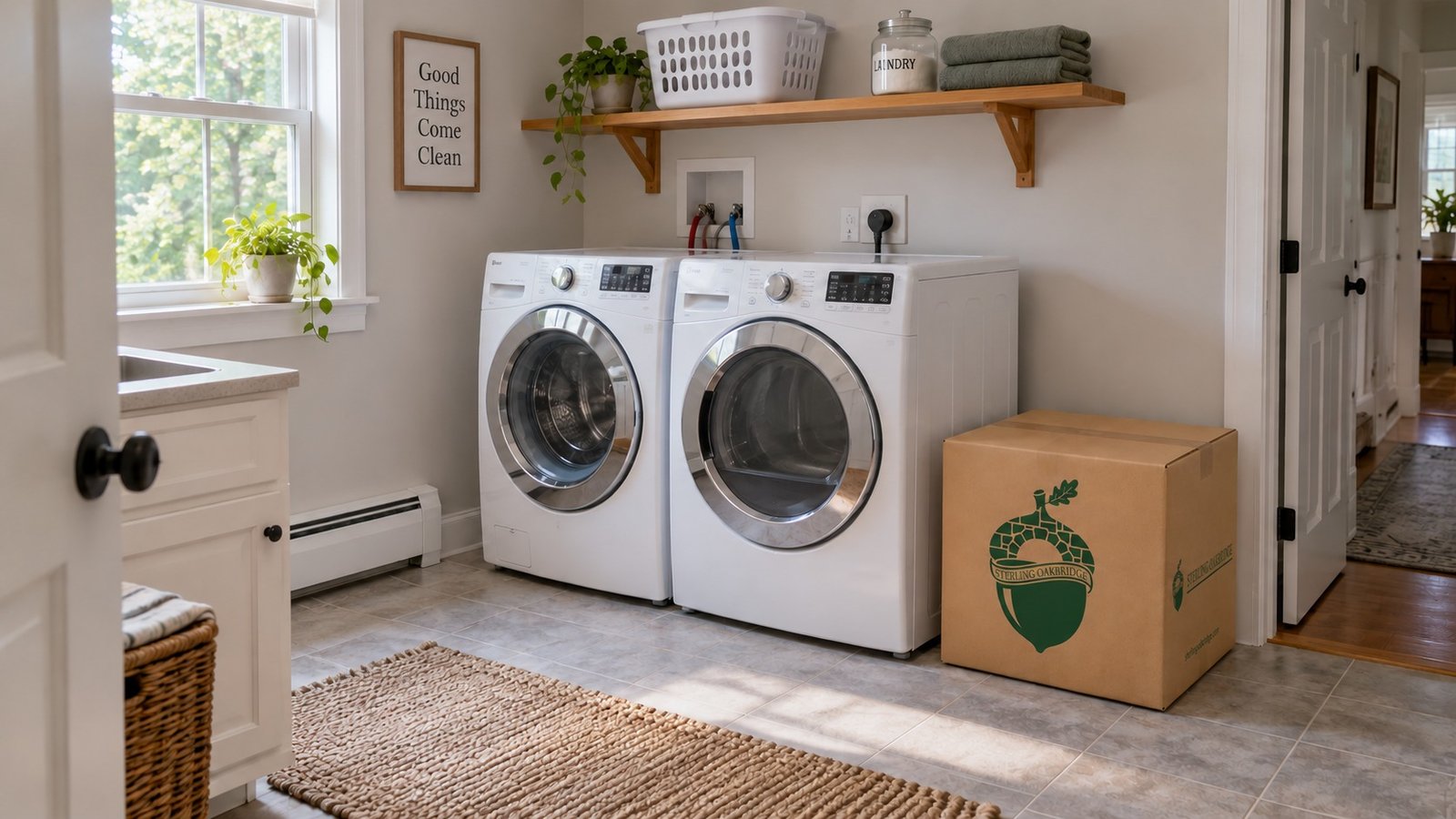 Inspect practical household space A laundry room with complete washer and dryer, a wall shelf and one closed kraft Medium carton outside the passage.
