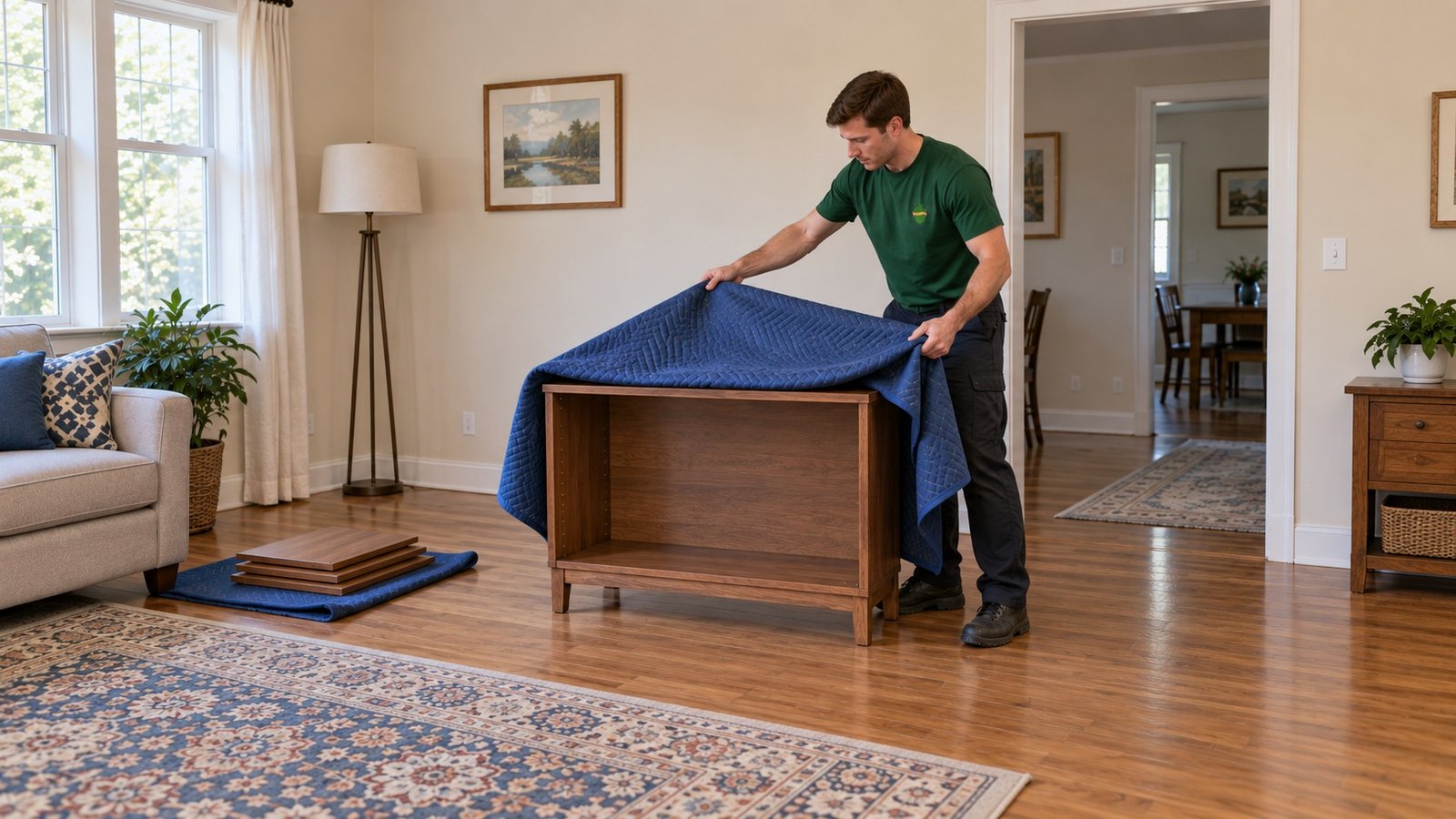 Prepare furniture before protection A male company mover beginning to drape a quilted blanket over a completely empty cabinet, with three detached shelf panels on a separate pad.