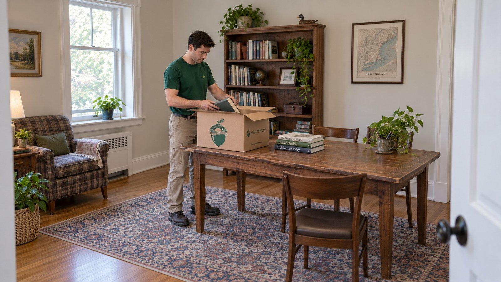 Assign book packing clearly A male company mover lowering a book into a small kraft Book carton at a complete wooden table.