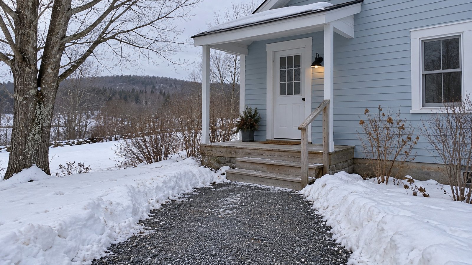 Recheck winter receiving access A full side door, wooden landing, steps and rail connected to a cleared gravel winter approach between snow banks.