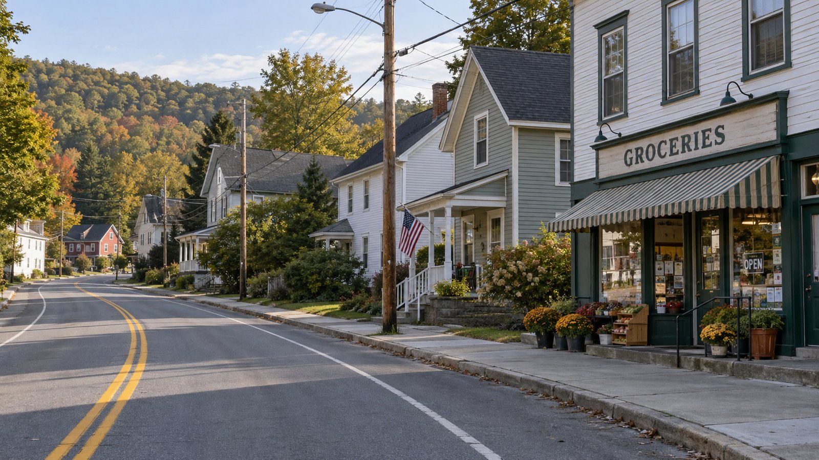 A village road and everyday frontages Quiet two-lane village road beside wooden homes, a small groceries shop and a narrow sidewalk below a wooded ridge