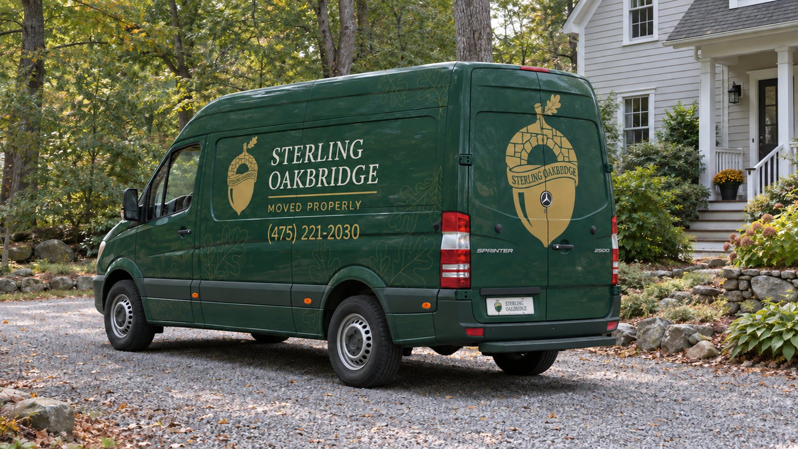 A moving van on a gravel driveway Dark green Sterling Oakbridge Sprinter with closed rear doors parked on a gravel driveway beside a clapboard home