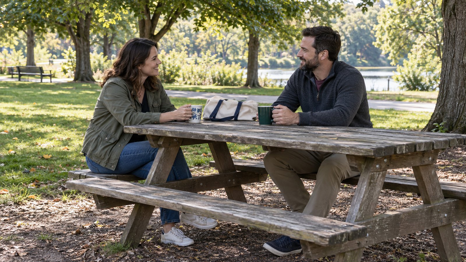 Time for a park visit Two adults talking over mugs at a wooden picnic table under trees, with a canvas bag on the table