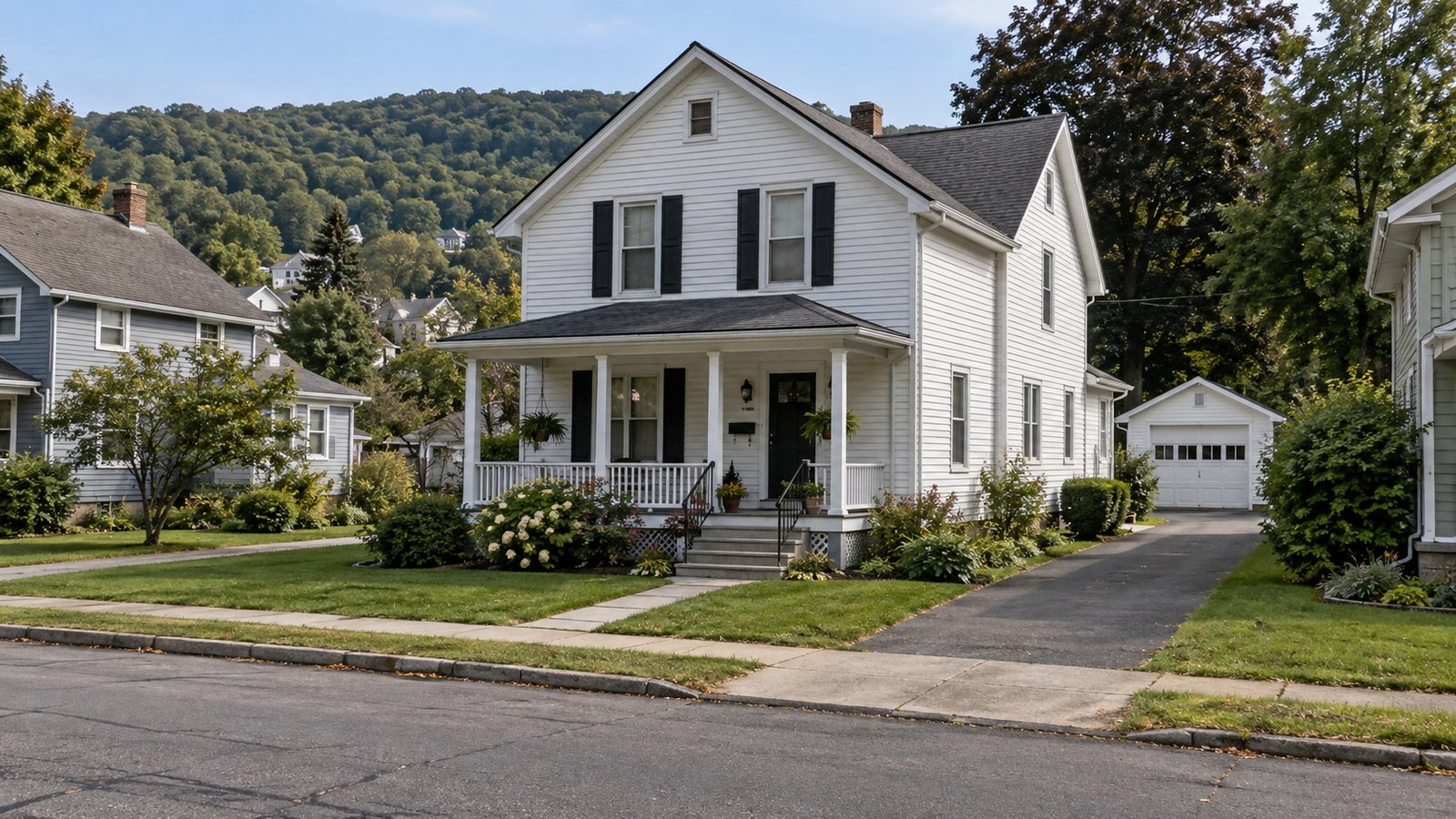 Clapboard home with a front porch White two-story clapboard house with porch steps, a side driveway and wooded hills behind nearby homes