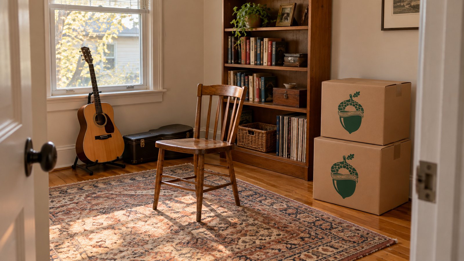 A room for music and everyday interests Acoustic guitar on a floor stand beside a wooden chair, bookcase and two stacked Sterling Oakbridge cartons in a sunlit room