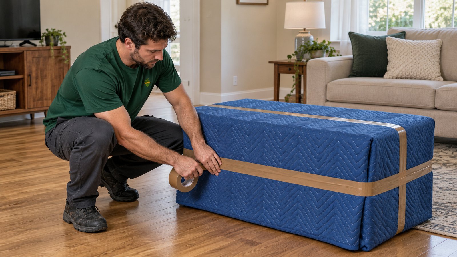 Securing a protective moving blanket A crouching Sterling Oakbridge mover presses brown packing tape around a low cabinet covered in a blue quilted blanket