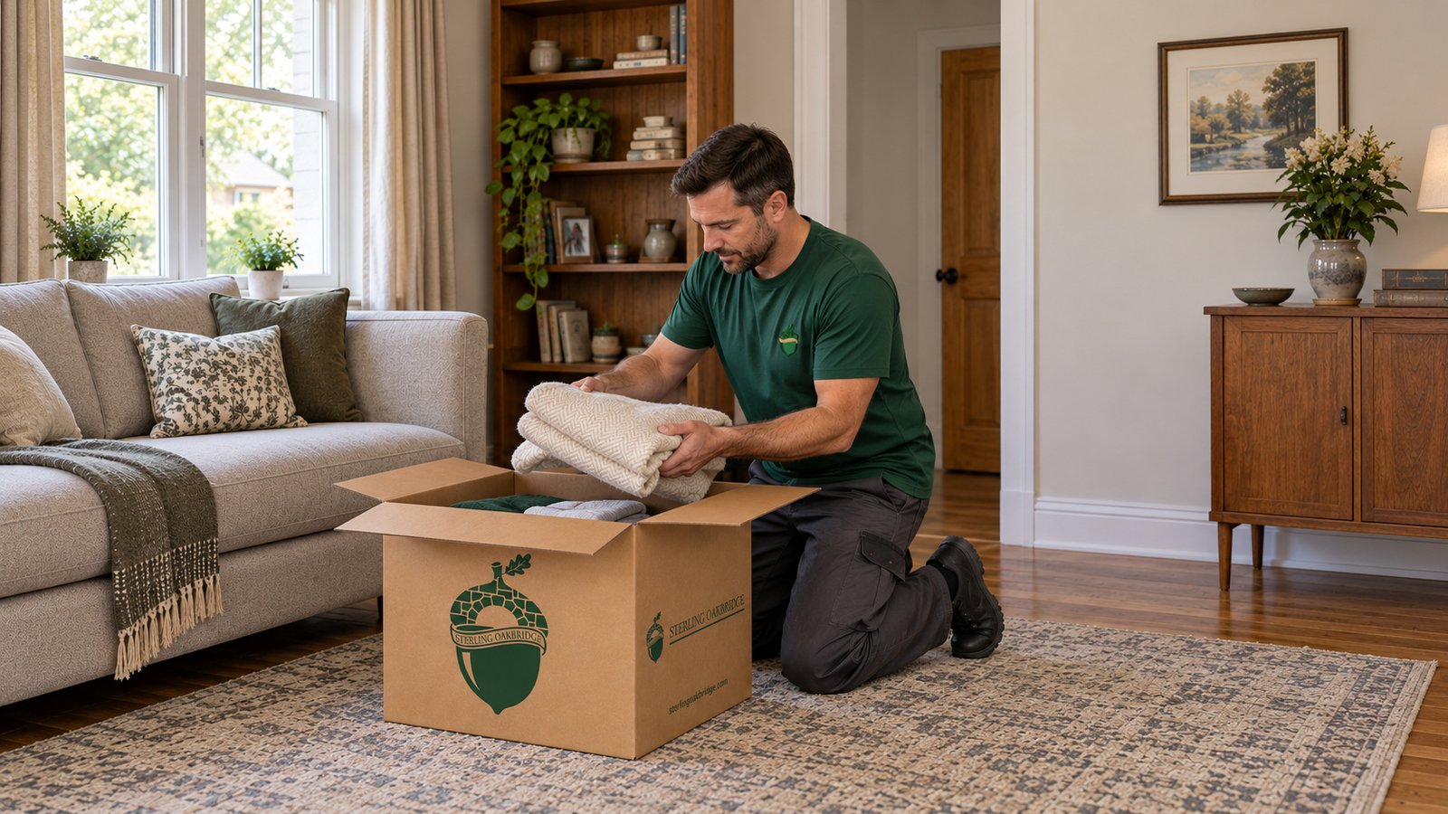 Packing folded linens A kneeling Sterling Oakbridge mover lowers a folded light blanket into an open kraft carton beside a sofa