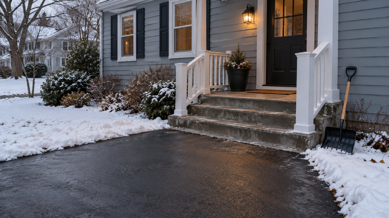 A cleared winter entrance Cleared paved approach and porch steps outside a clapboard home, with snow at the edges and a shovel beside the railing