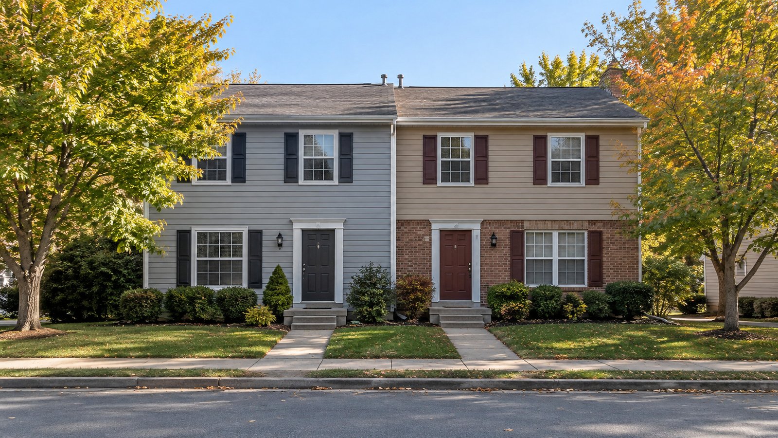 Attached homes and their walking connection Two complete attached two-story homes have individual entrance steps and short paths meeting one continuous public sidewalk.
