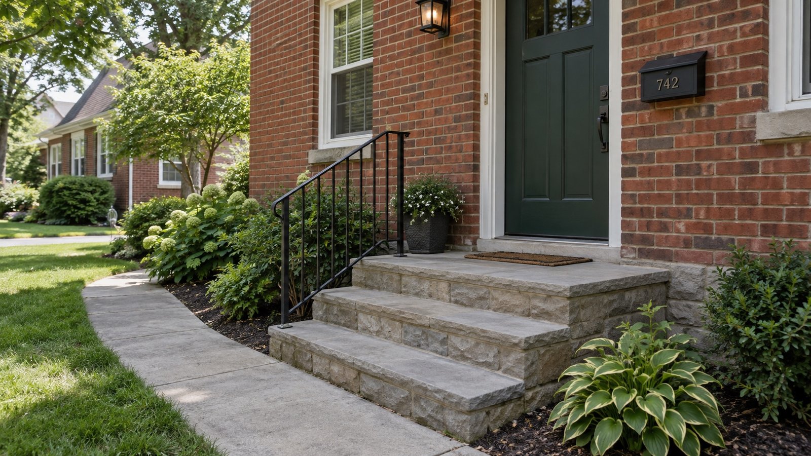 House entrance with connected porch steps and a side path