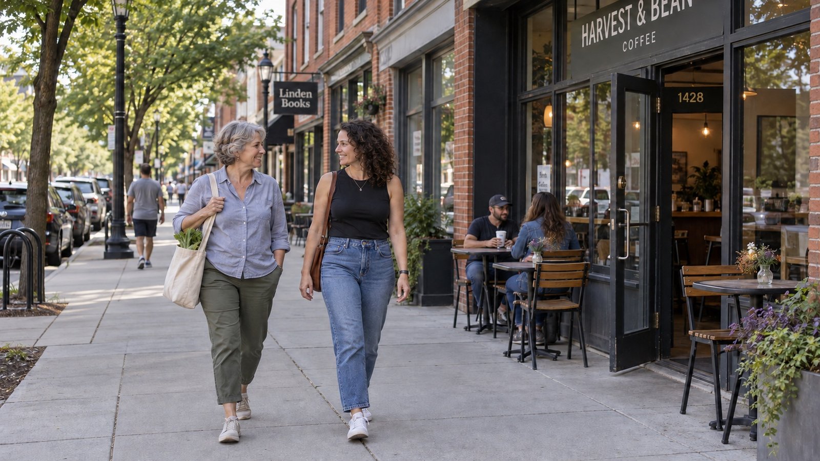Two women walking past brick storefronts and a cafe with outdoor tables