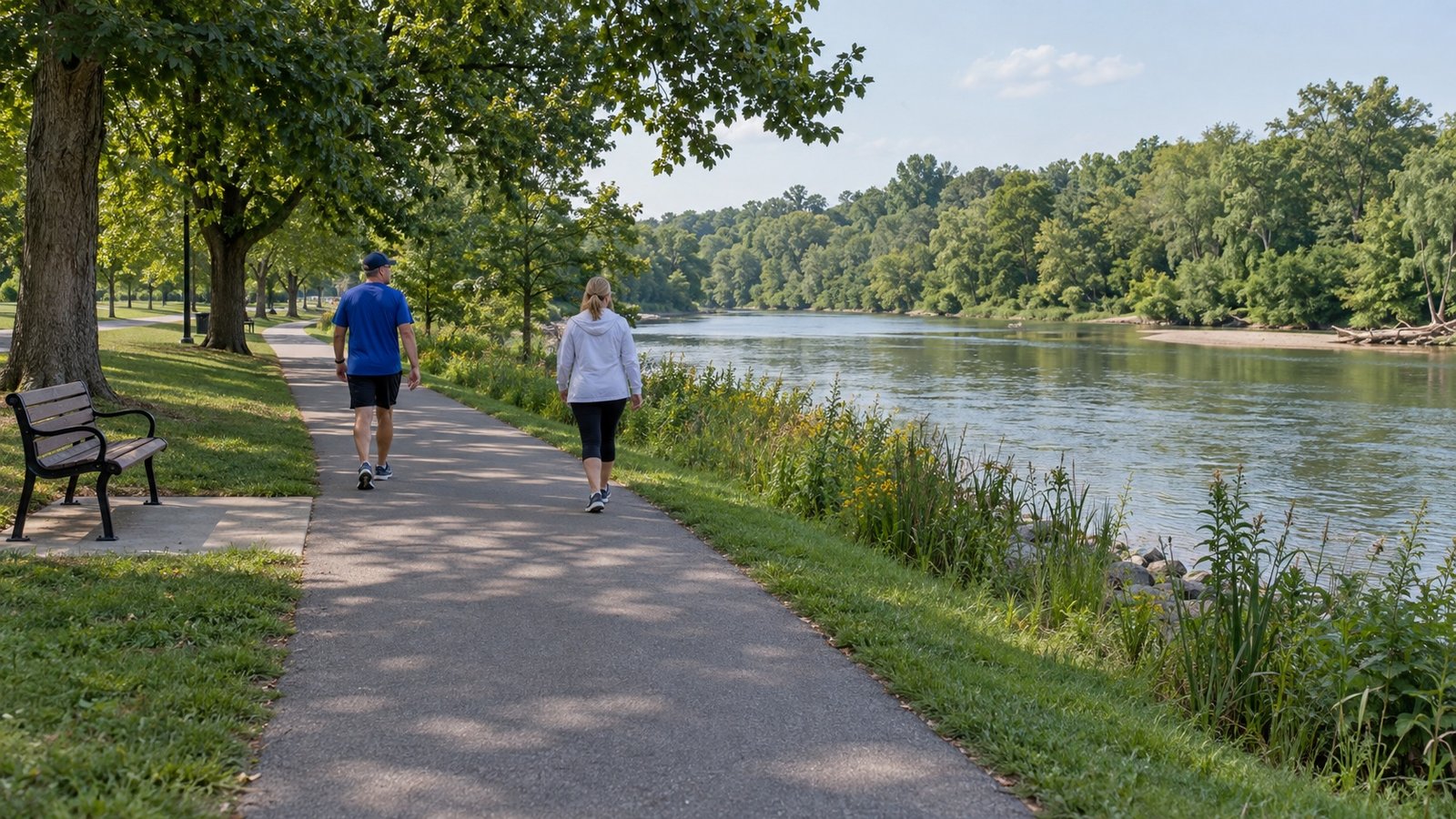 Adults walking on a park path near a river