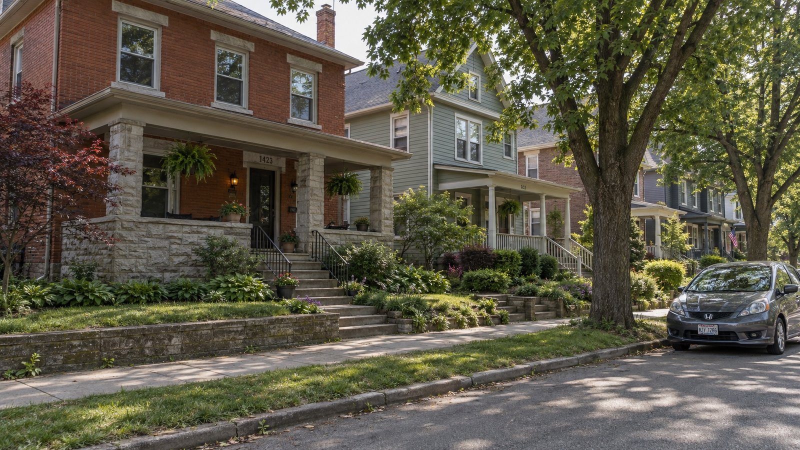 Brick and clapboard homes along a Columbus-style residential street