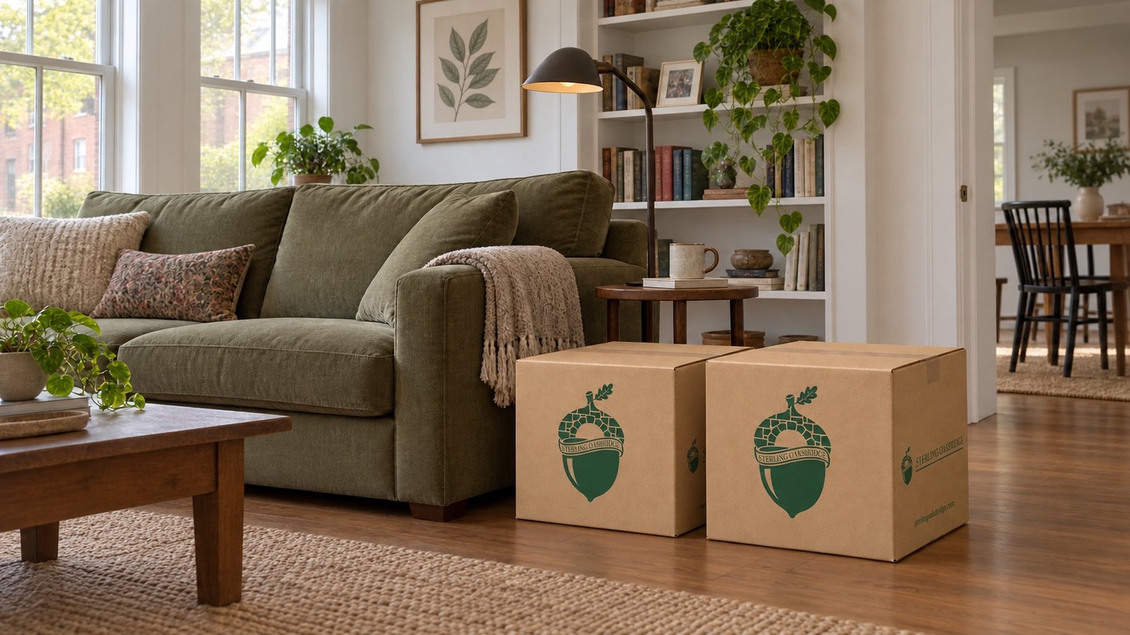 Living room with green sofa and two medium kraft cartons
