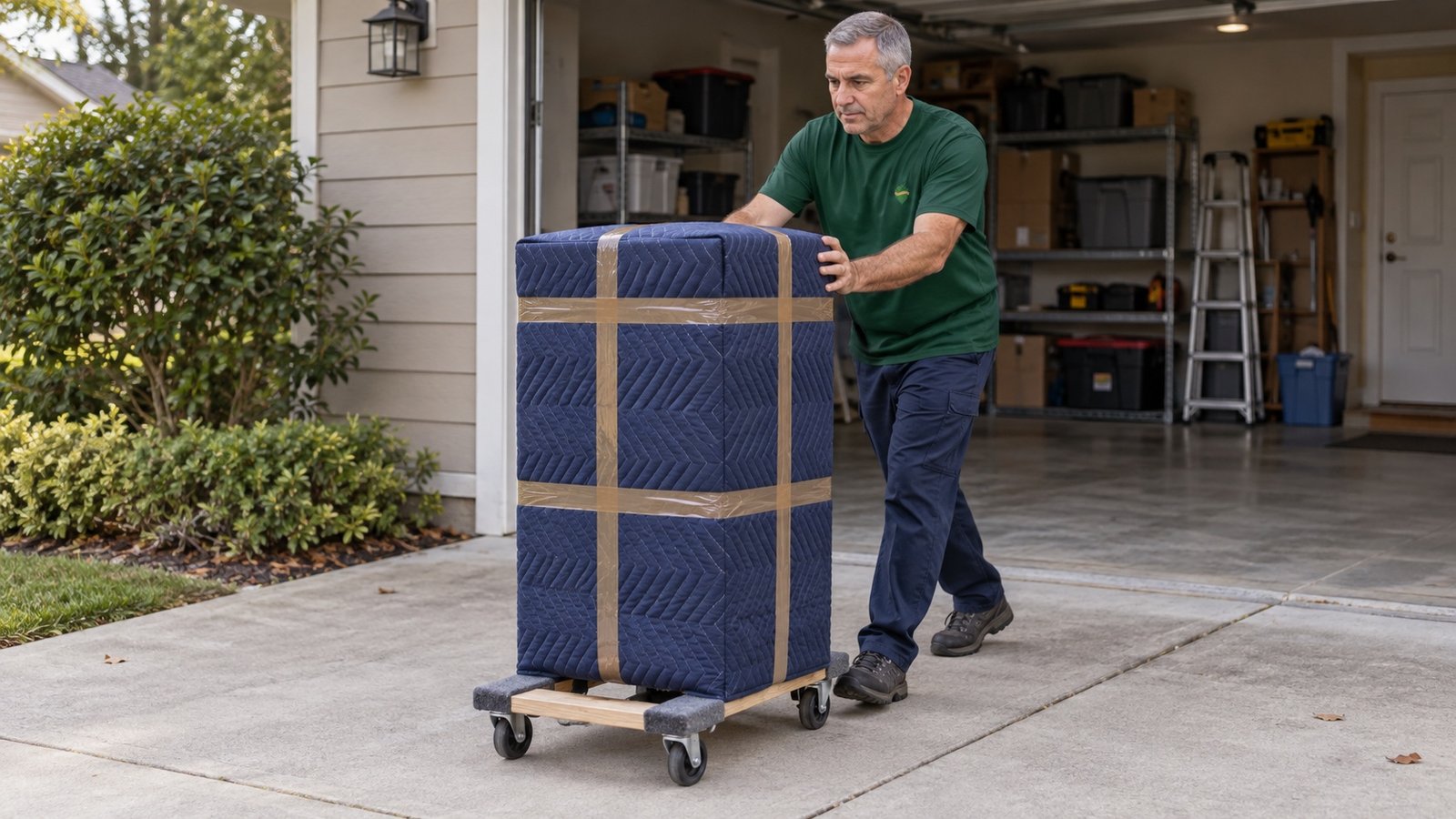 Mover pushing tall blanket-wrapped furniture on an open-frame wooden dolly outside a garage