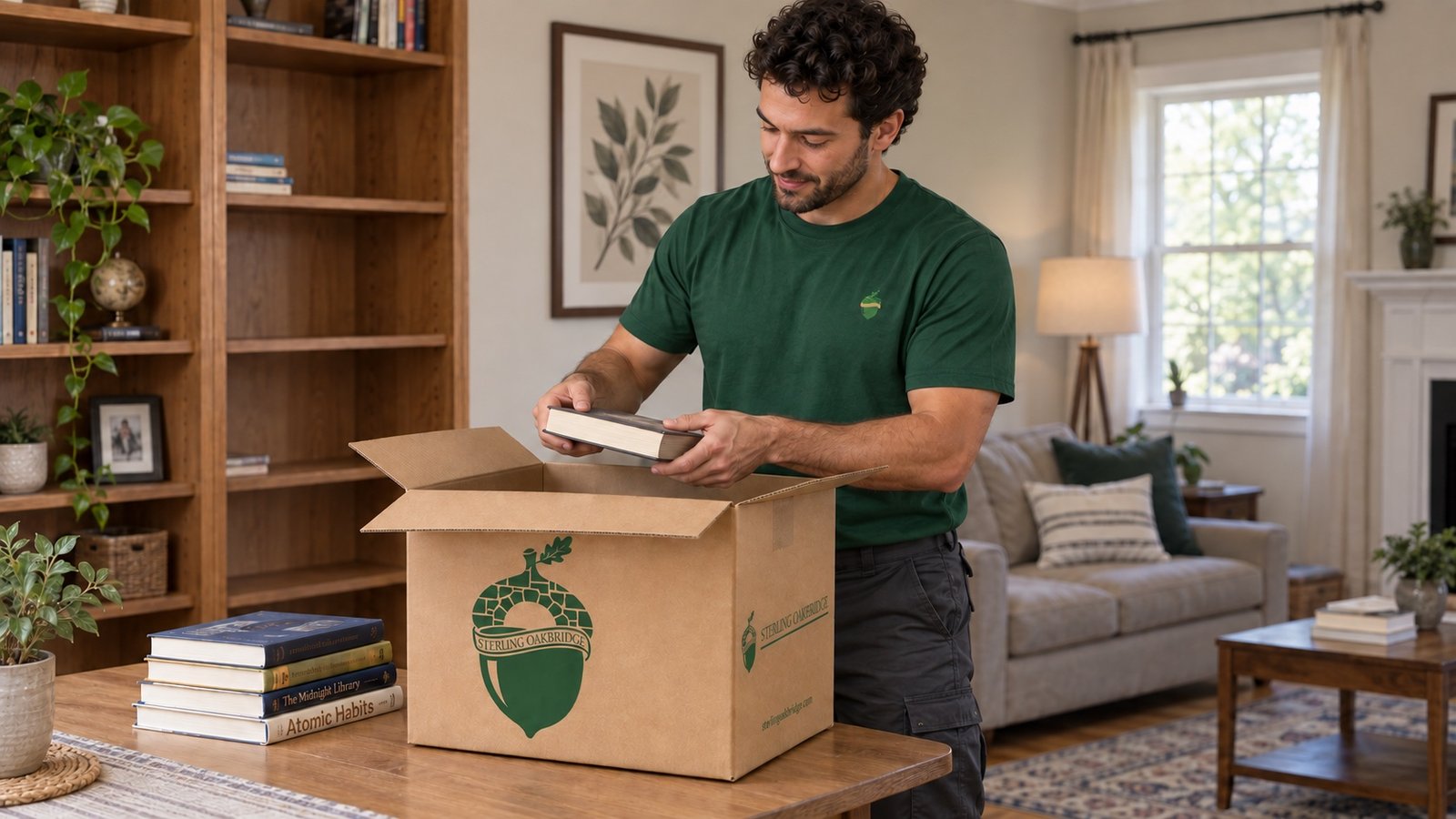 Mover placing a book into a small branded kraft carton beside a partly emptied bookshelf