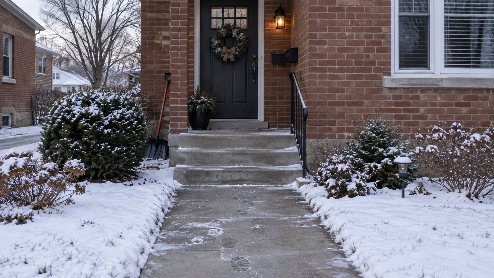 Cleared path and porch steps at a brick house with snow beside the route